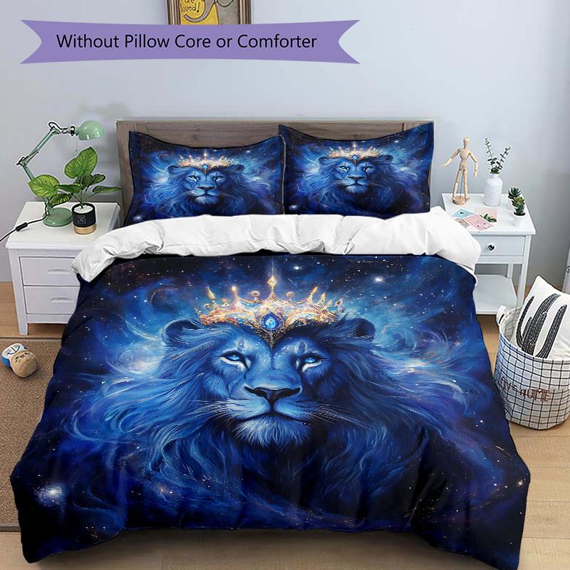 

3pcs Cosmic Lion Wearing a Golden Crown Print Cover Set Ultra Soft, Breathable, and Comfortable Bedding with Stylish Design for Bedroom and Guest 135x200cm
