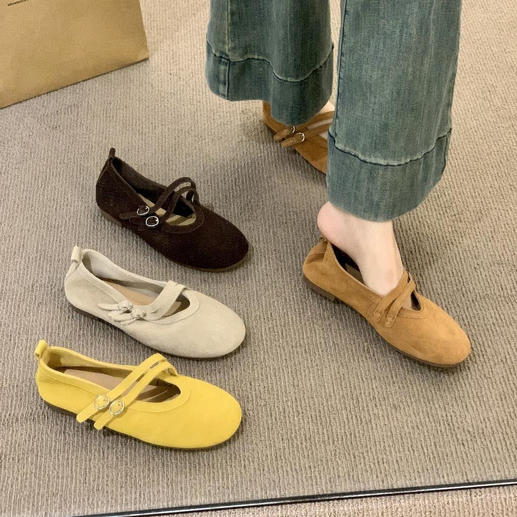 Cowhide version~ round head retro yellow Mary Jane shoes women's soft-soled cross-strapped ballet commuter single shoes women's ladyshoes