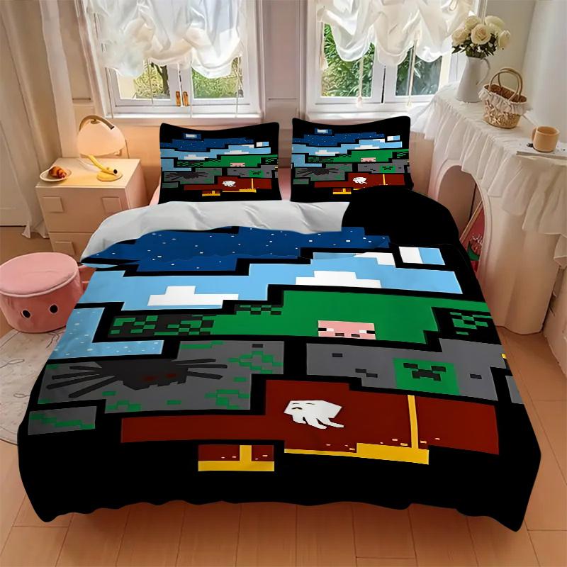 3pcs Minecraft Inspired Bedding Set-Perfect for Fans, Travelers & Everyday Use! Decorate Your Bedroom, Guest Room, Living Room or Hotel with