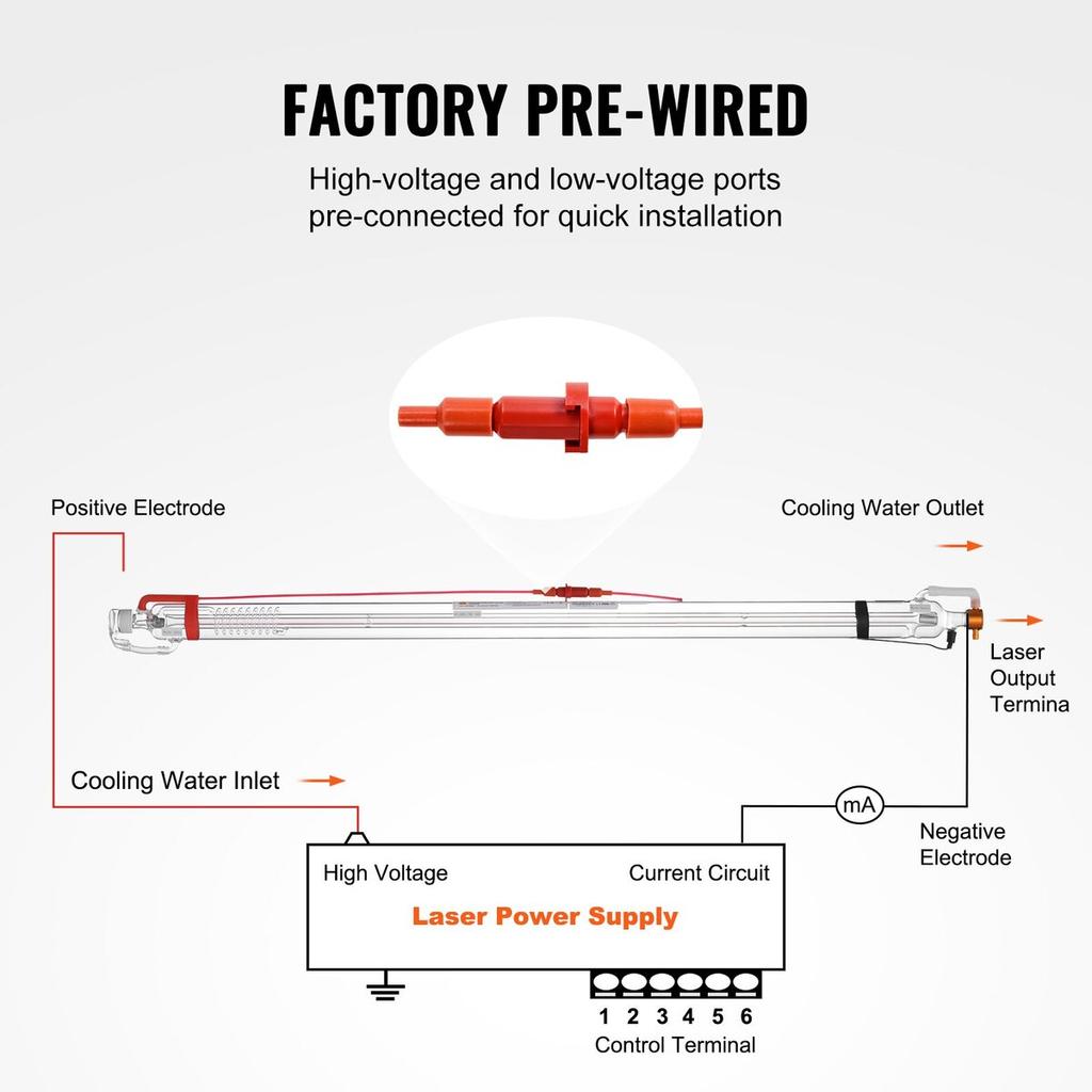 60W CO2 Laser Tube 49.2 In / 1250 Mm Borosilicate Glass Laser Cutter Tube