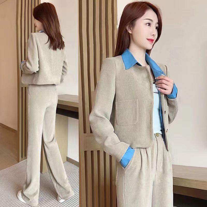 Trendy Spring & Autumn Women's Two-Piece Suit: Long-Sleeve Coat & Wide-Leg Pants - Slimming & Youthful Look