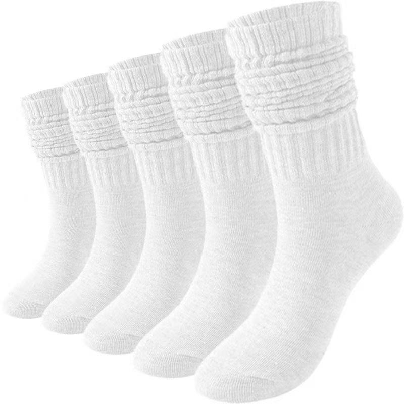 1 Pairs Women Pile Up Socks Fashionable Trendy Versatile White Solid Color Basic Socks Comfortable Breathable Mid Length Socks