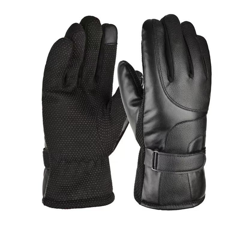 Leather gloves men's outdoor riding motorcycles in winter, windproof and cold-proof, warm and velvet, winter touch screen thickened gloves
