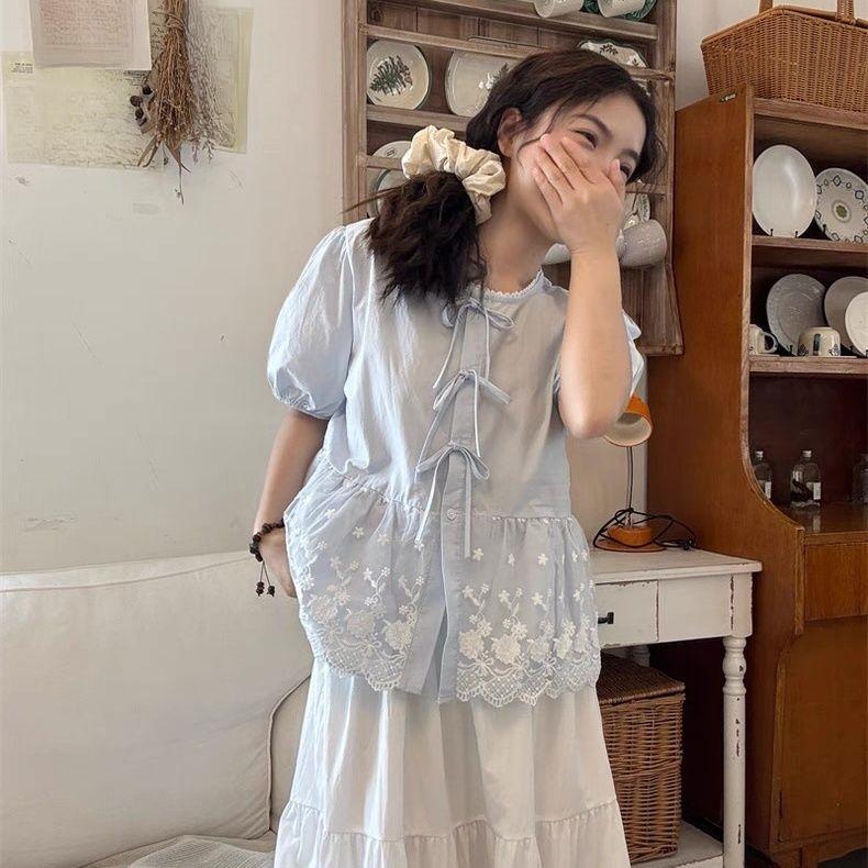 Modrá francouzská vintage košile s balónovými rukávy pro ženy letní splývavá volného střihu zakrývající bříško ležérní top