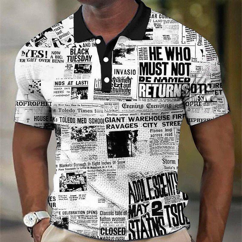 

Мужская удобная рубашка поло с 3D цифровой печатью в ретро газетном стиле S