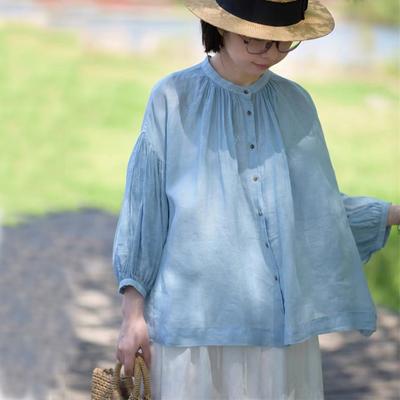 Japanese Simple Solid Color Round Neck Pure Long-sleeved Shirts Summer Autumn Loose Thin Tops Women