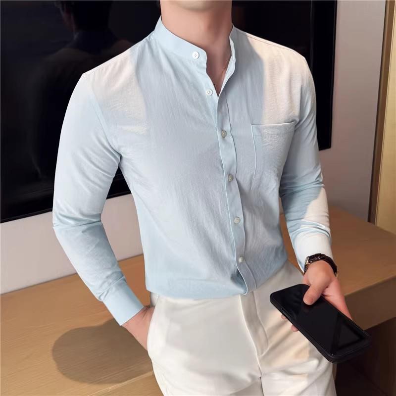 Stand Collar Men's Shirt High High Quality Long Sleeve Casual Business Dress Shirt Slim Fit Streetwear Men Clothing
