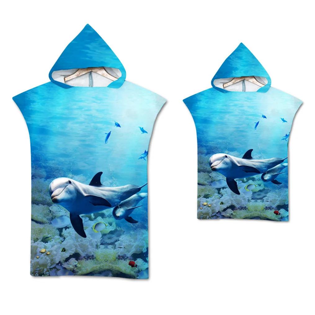 Delfin Strandtuch Schnelltrocknend Kapuzenmantel Neoprenanzug Erwachsene Kinder Große Badetücher Eltern-Kind-Poncho Bademantel für Schwimmen Surfen Kids 65x75cm blue