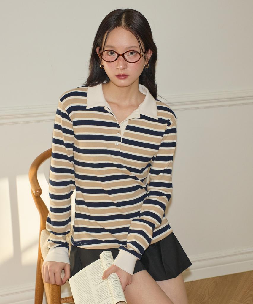 SALON DE YOHN Striped Button Rugby Collar Shirt_ Beige