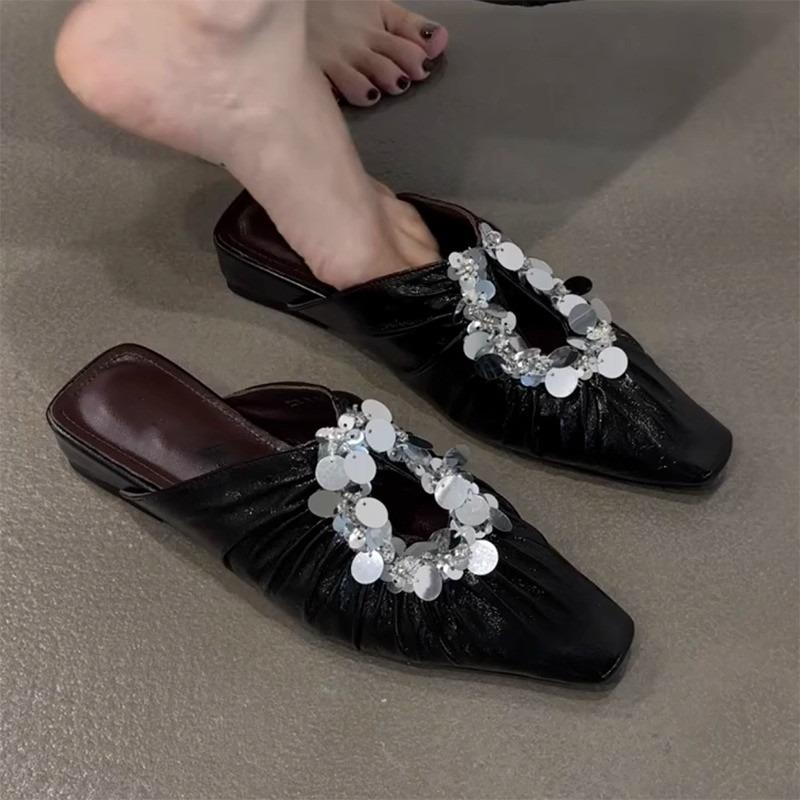 

Модные плиссированные шлепанцы-баото с вырезами и пайетками, лето 2025, для улицы, с французским квадратным носком, женские полушлепанцы 40 чёрный