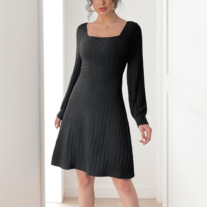New sexy back bow lace square neck solid color knitted dress