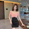 Women's Sexy Low-cut Mesh Stitching Contrasting Color Off-the-shoulder Short-sleeved Suspender Dress Women's Tight Hip-wrapped Short Skirt