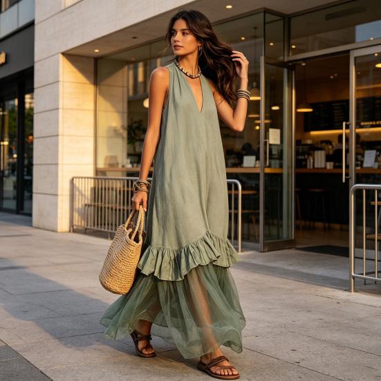 Summer Sleeveless Maxi Dress for Women, Deep V Neck Mesh Patchwork Long Dress, A-line Ruffle Flowy Beach Sundress