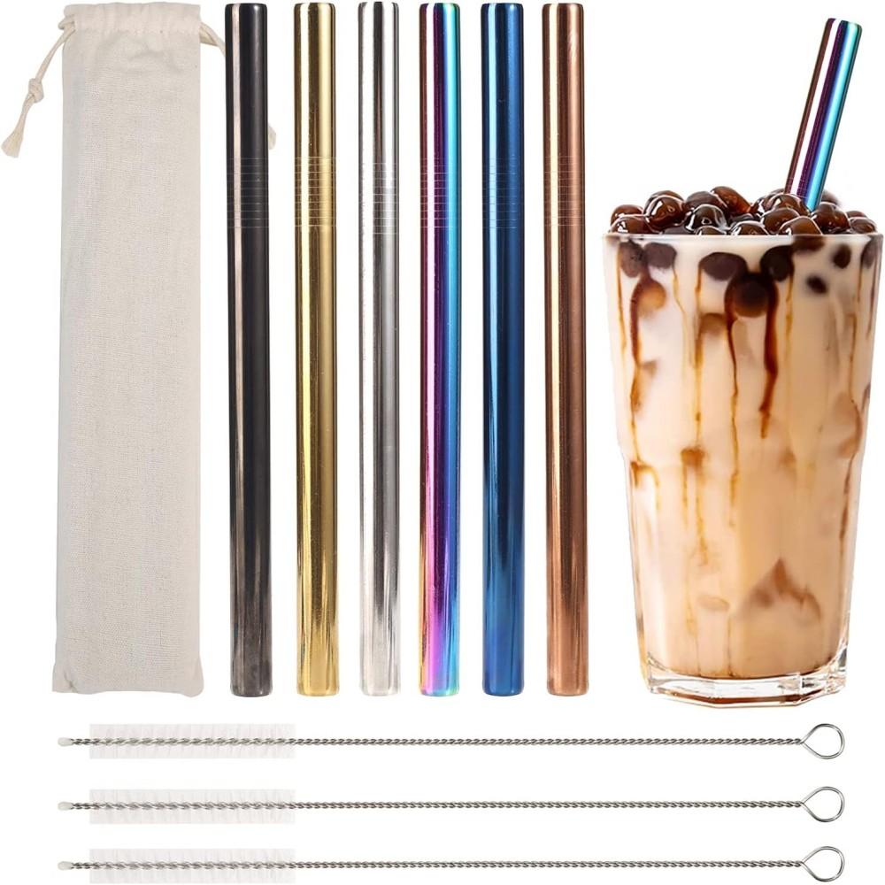 

6 шт. соломинок для бабл-ти, соломинки для питья из нержавеющей стали, металлические соломинки, разноцветные - с 3 щетками и 1 сумкой для переноски, многоразовые