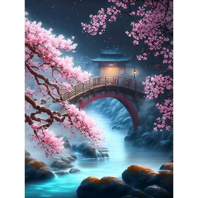 5D Diy Diamond Embroidery Sakura Bridge and Palace Diamond Painting Needleworks Cross Stitch Needleworks Home Decor J3479