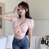 Bow Bandage Tops Sweet Crop Top Women's  Tops Floral Print Bow Slim  V Neck Short-Sleeved T-Shirt