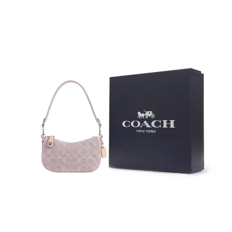 Coach Swinger 20 Letter Logo Zipper Embossed Print Canvas And Denim Leather Half Moon Saddle Handbag Women Handbags Pink CJ939-LHPPU