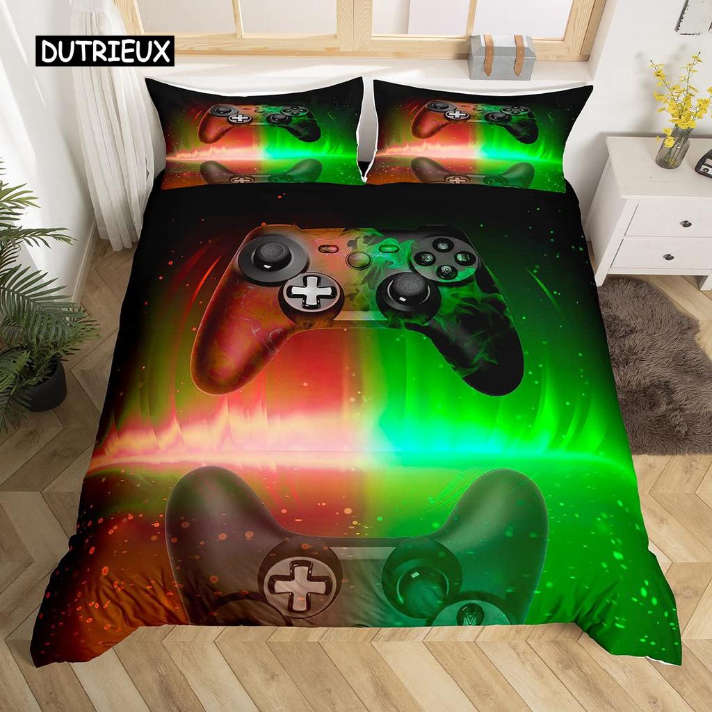 Gamepad Duvet Cover Set Queen Video Game Twin Bedding Set Microfiber Green Cartoon Gamer Pattern Electronic Theme Quilt Cover
