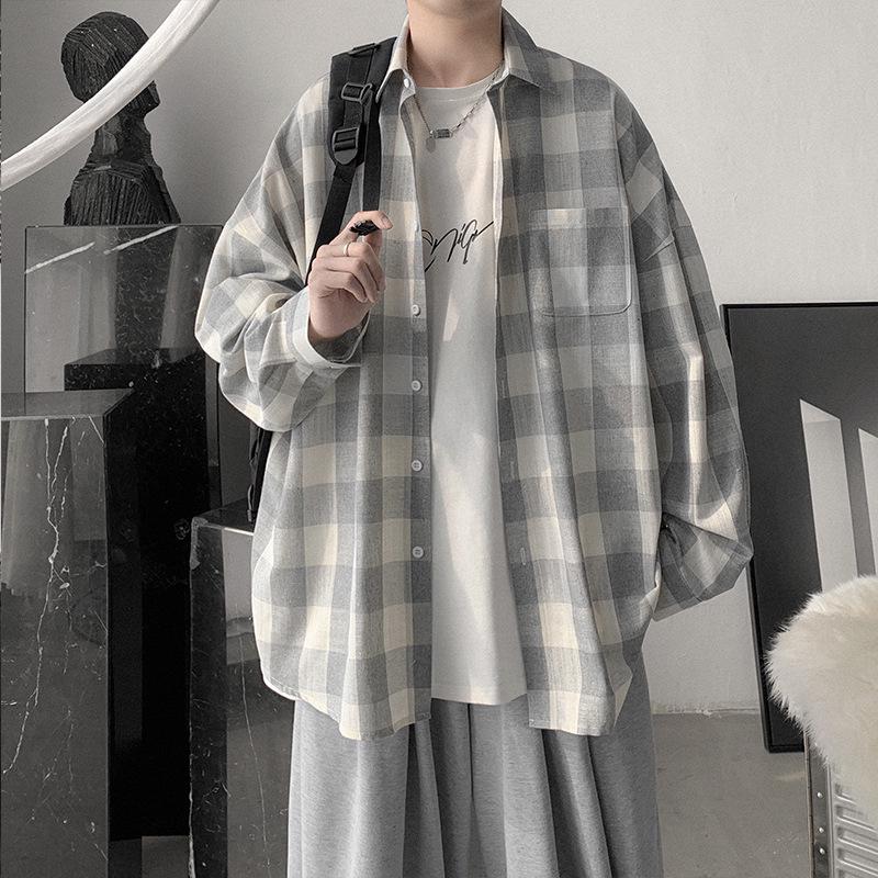 Herrskjorta i rutigt mönster i koreansk stil, Vår 2021 - Tonåring Långärmad, Lös passform, Trendig jacka