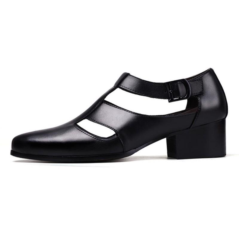 Fashion Mens Genuine Leather High Heel Dress Sandals Daily Business Office Work Sandals Trendy Hollow Pointed Toe Buckle Sandals204
