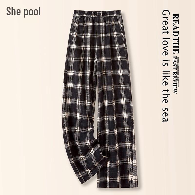 

Women s Elastic Waist Plaid Wide-Leg Casual Pants M