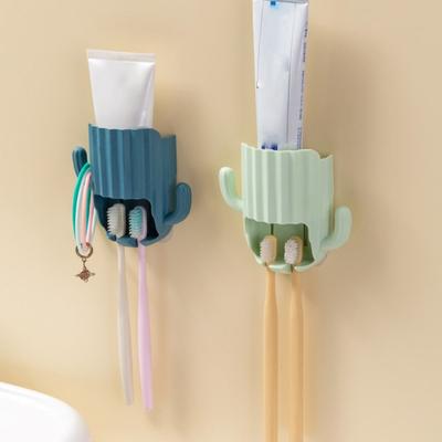 1PCS Household Toothbrush Holder Self-adhesive Wall-mounted Cactus Storage Rack Kitchen Bathroom Toothbrush Organizer with Hook