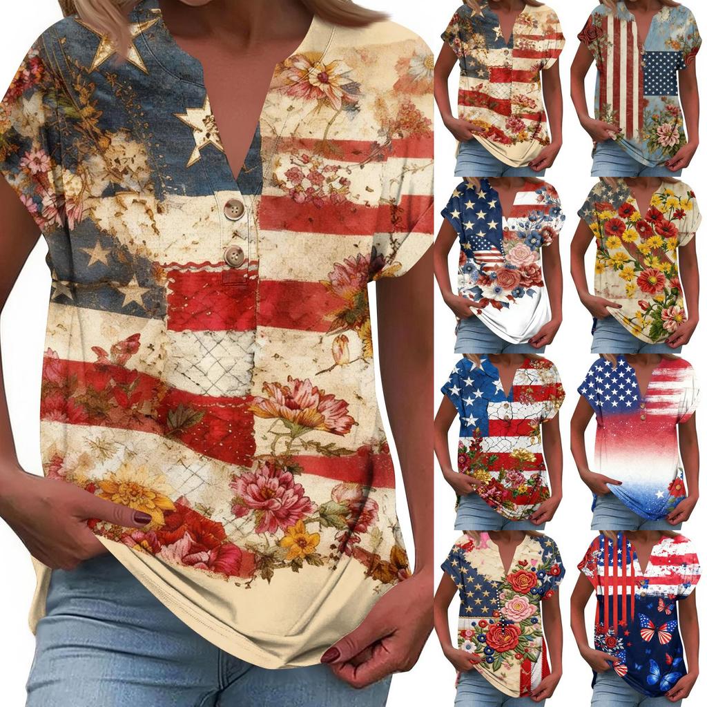 Women's Fashionable Casual Loose-Fit Short-Sleeved Button-Up V-Neck Printed T-Shirt Top