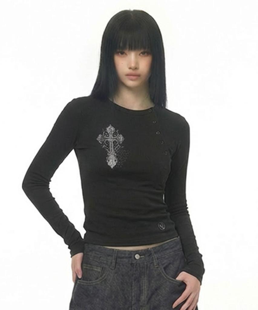Damiswi Vintage Cross Asymmetric Button Long Sleeve_Black