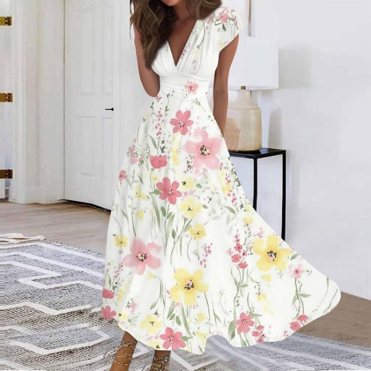 Summer Women Casual Long Dress V Neck Short Sleeve Waist Retraction Printed Flowy Dress