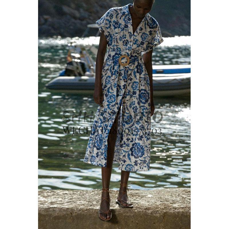 Spring New European and American Socialite Vacation Style V Neck Short Sleeve Mid-Length with Belt Print Dress 2901722