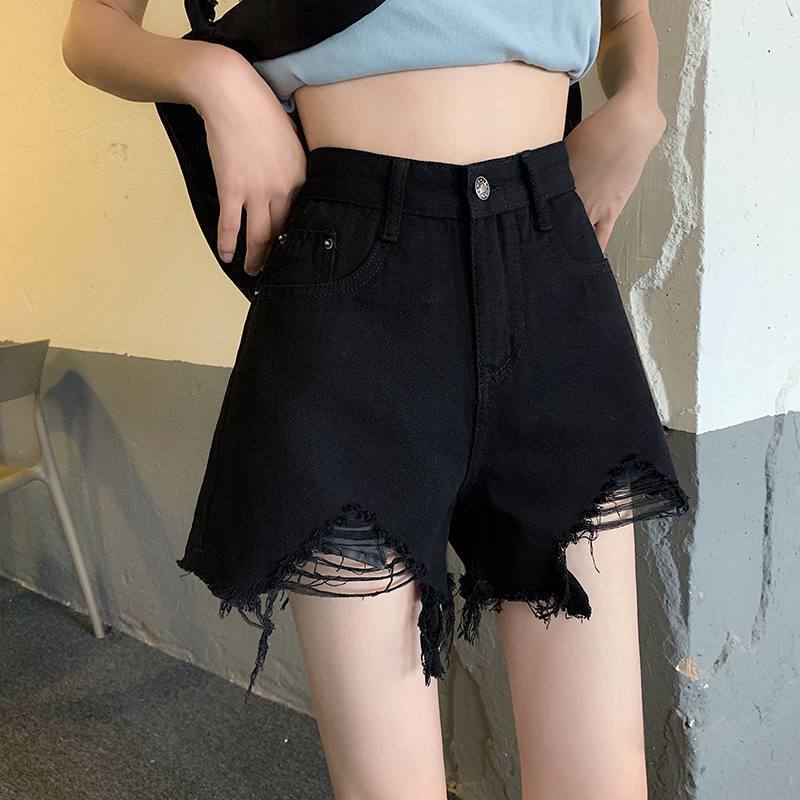 

Удобные узкие модные и универсальные черные джинсовые шорты с высокой талией, женские тонкие свободные широкие брюки с необработанным краем, летние M чёрный