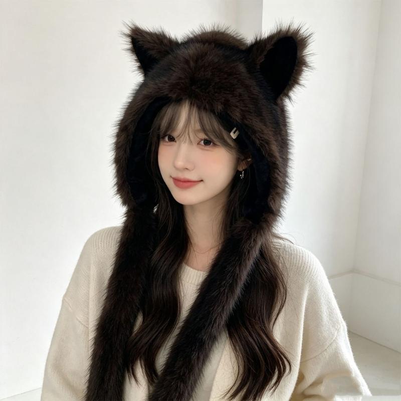 Plush Cats Ear Hat with Faux Furs Look Earflaps, Long Coverage Thick Warm Hat for Cold Weather Daily Outfit Styling, Outdoor Activity