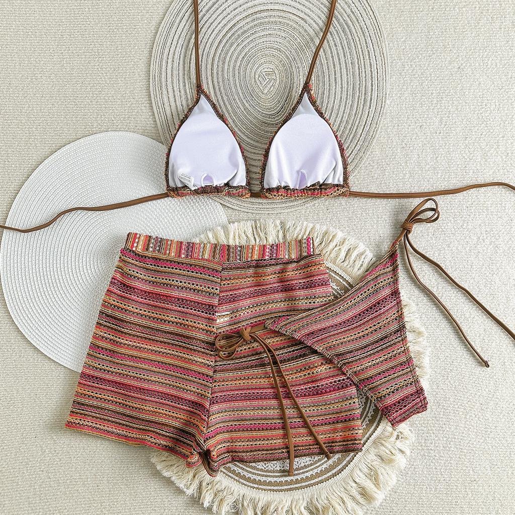 Sexy Knitted Striped Halter Tie Bikinis Sets Three Pieces with Shorts Swimsuits Beachwear Bathing Suit Swimwear Biquini Tankini
