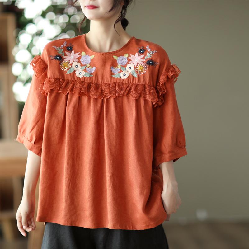 Johnature Damen Vintage Stickerei Blumen T-Shirts Einfarbig Patchwork Hochwertige T-Shirts Sommer Kurzarm T-Shirts