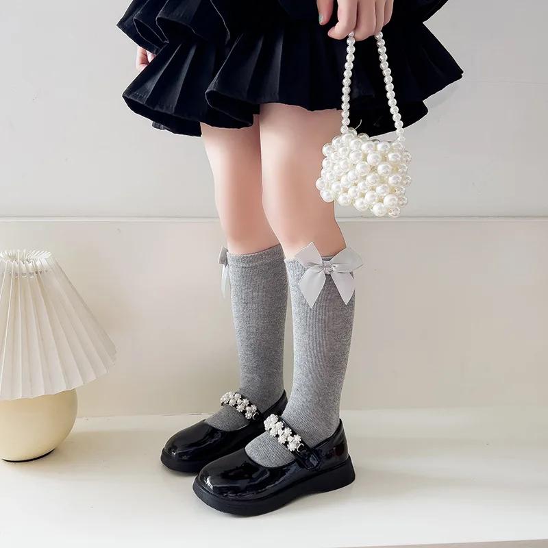 Girls Princess Bow Mid Calf Socks Spring Autumn Solid Student Dance Long Tube Socks For Little Kids