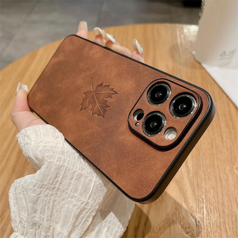 Luxury Matte Soft Suede Leather Maple Leaf Pattern Case For iPhone 15 14 Plus 13 11 12 Pro X XS Max XR Shockproof Silicone Cover