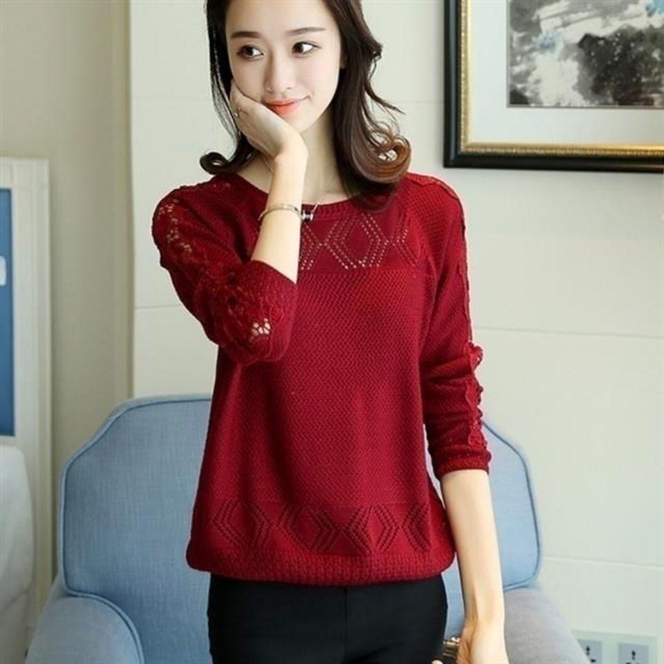 Autumn and Winter Clothing Round Neck Lace Crochet Long Sleeved Hollow Knit Sweater Women's Sweater Loose Fit