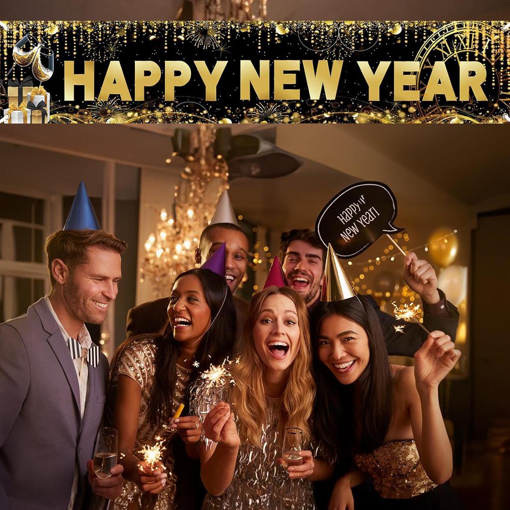 Long Happy New Year Banner 2026 Black Gold New Years Eve Party Decorations Banner Backdrop, 118 × 20 inch Sparkle Photo Booth Sign Background for