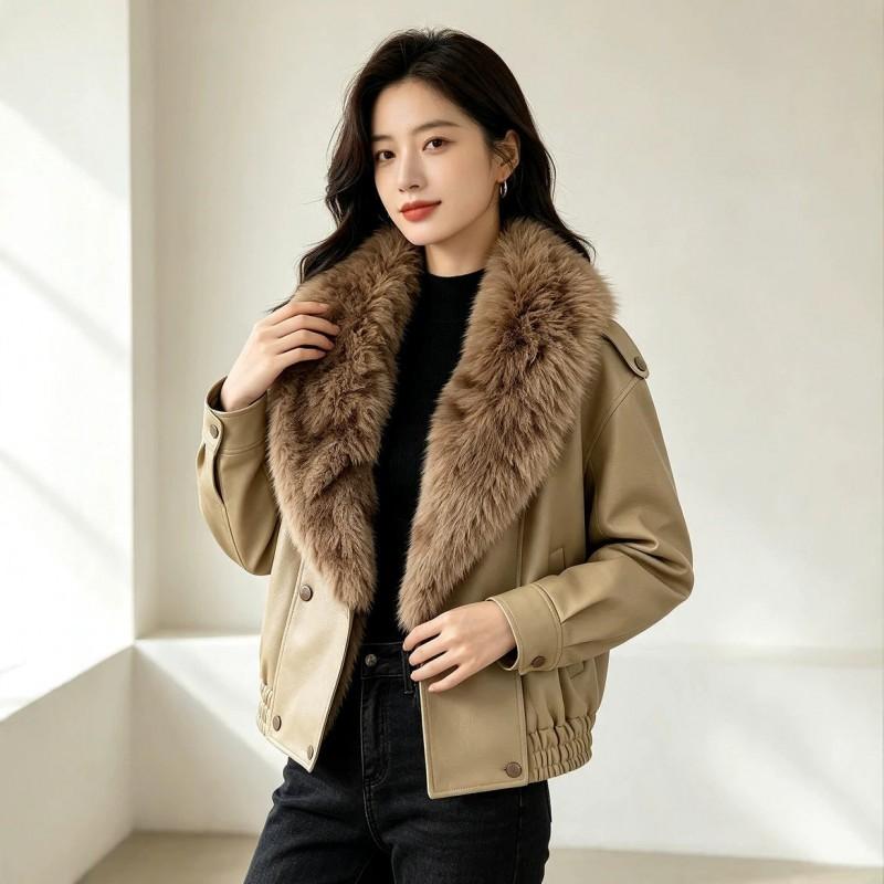 Womens Faux Leather Biker Jacket With Removable Fur Collar Streetwear Chic Outerwear