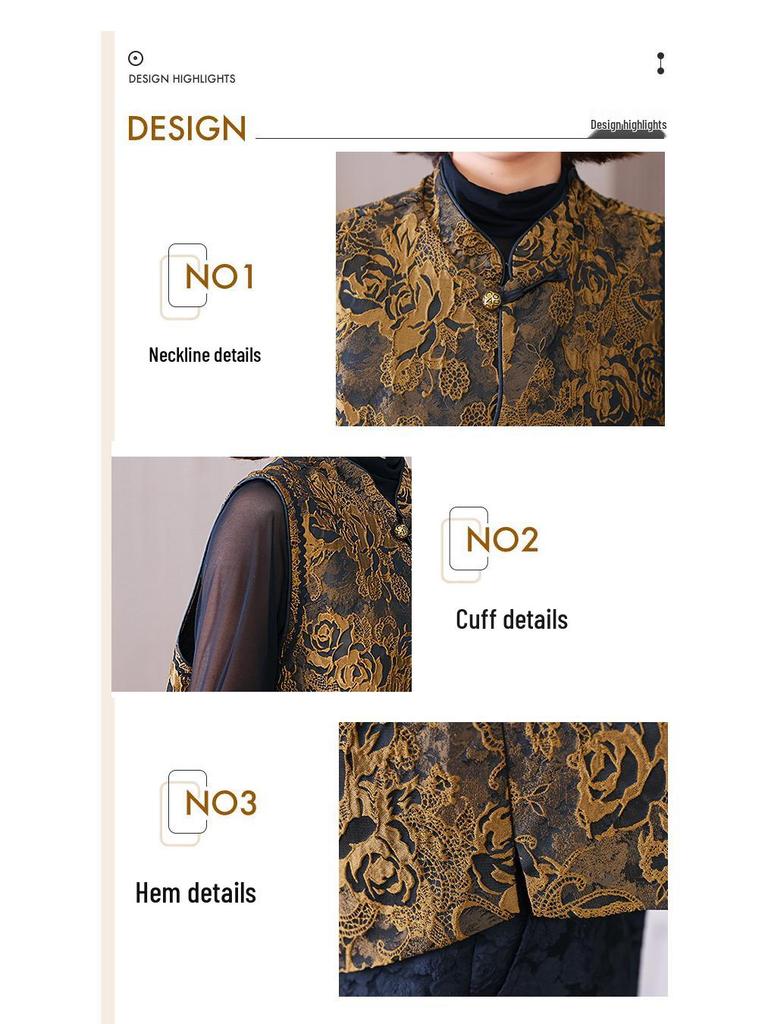 Dame Høst/Vinter Forbedret Tangdrakt Vattert Vest med Ståkrage - Kinesisk Nasjonalstil Jacquard Yttertøy.