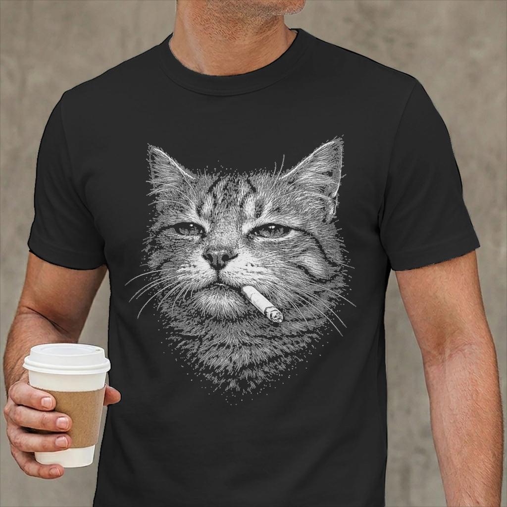 Cat Smoking Cigarette Funny Meme Tshirts Unisex Unique Cotton Tee Shirt Crewneck Short Sleeve T Shirts Summer Clothing
