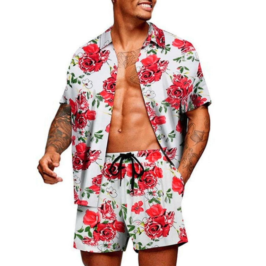 Men's Hawaiian Shirt Set Short-Sleeve Shirt Hawaiian Casual 3D Linen Palm Print Set