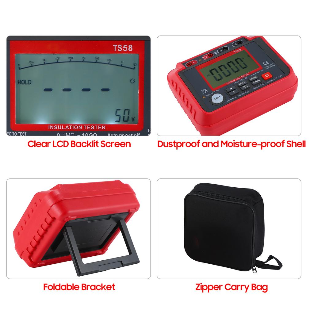 TS58 Digital Insulation Resistance Tester 0.1M Ohm -10G Ohm  Megohmmeter with LCD Backlit Display AC   10-600V Maximum 2000 Counts   PI Index Insul