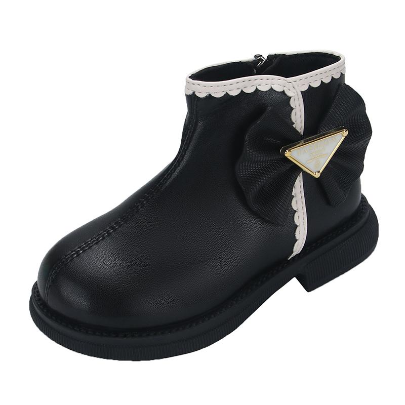 

Модные сапоги принцессы для девочек с бантом, кружевом, однотонным шитьем, милые детские короткие кожаные сапоги 2024 года, весна-осень, новинка 26 чёрный