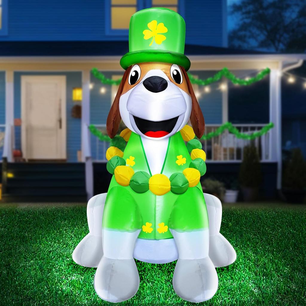 4FT St Patricks Day Inflatables Outdoor Decorations Blow Up Cute Dog Wearing Luck Shamrock Hat Bead Necklace, St. Patrick's Blow ups Irish Built-in