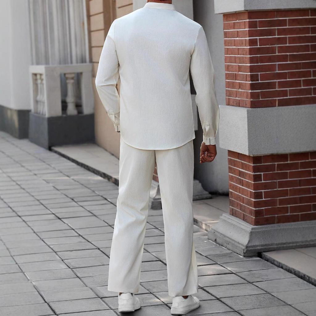 Men's Henry Shirt Casual Beach Stand Up Collar Chest Tie Solid Color High Rise Shirt Pants Set