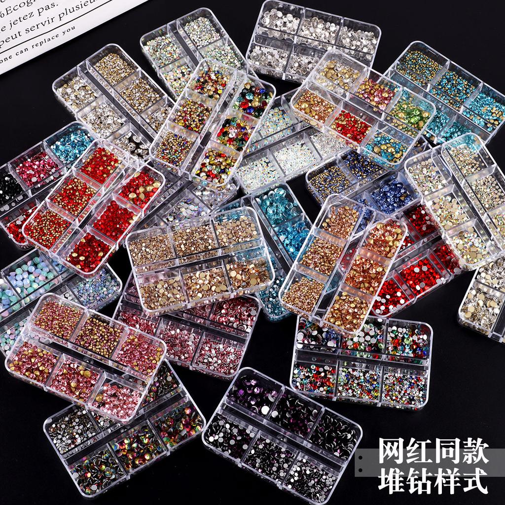 Nail Art Diamond 6 Grid Glass Flat Bottom Round Diamond Crystal Transparent Ab Mixed Color Large And Small Mixed Decoration