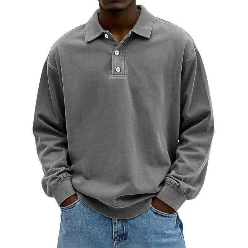 Mens Washed Long Sleeve Polo Shirt Casual Spread Collar Solid Color Loose Fit Pullover Top