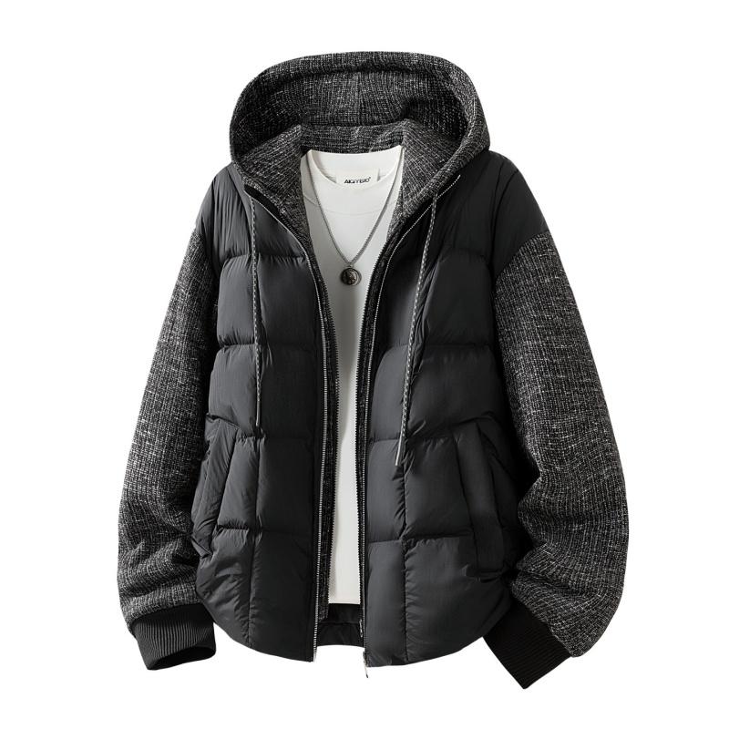Men's Patchwork Cotton Coat, Velvet Thickened Cotton Coat, Warm Jacket, Hooded Fashionable Outer Coat