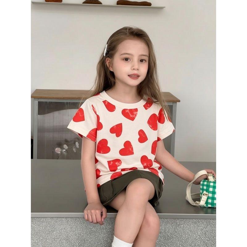 Brand Foreign Trade Children's Clothing Short-Sleeve Pure Cotton Heart-Printed Round-Neck T-Shirt Baby Clothes for Girls 2026 Summer